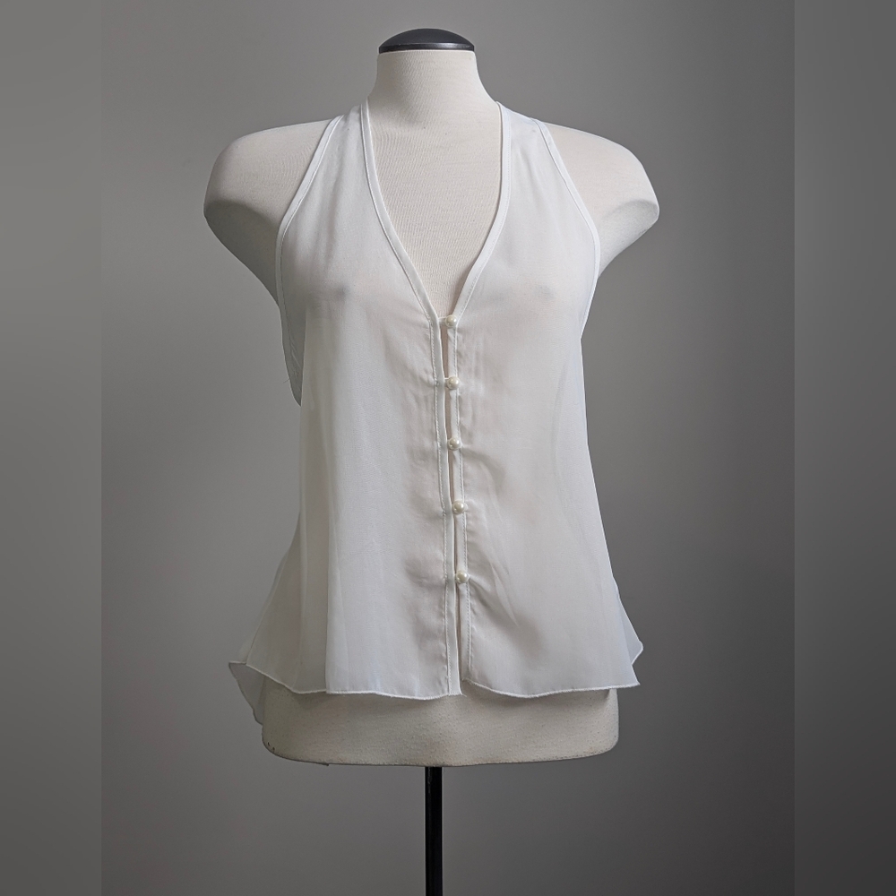 White Sheer Tank Y2K Racerback Pearl Buttons Size Large Romantic Boho Prarie